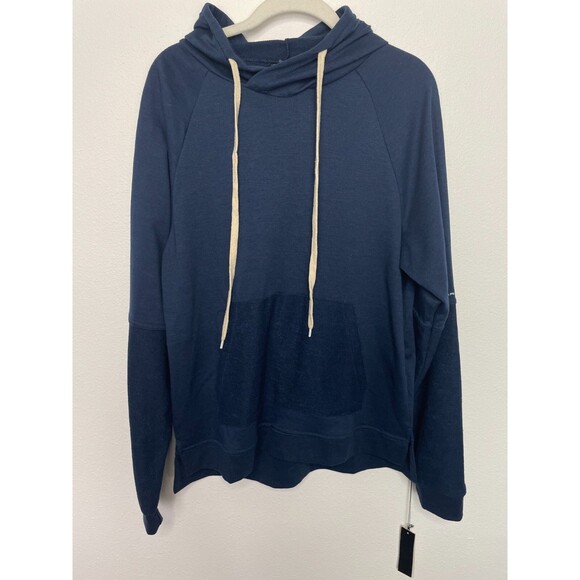 Tahari Sz M Sport Reverse Panel Hoodie Navy Blue Pullover Pocket Dratwstring NWT - Picture 3 of 16